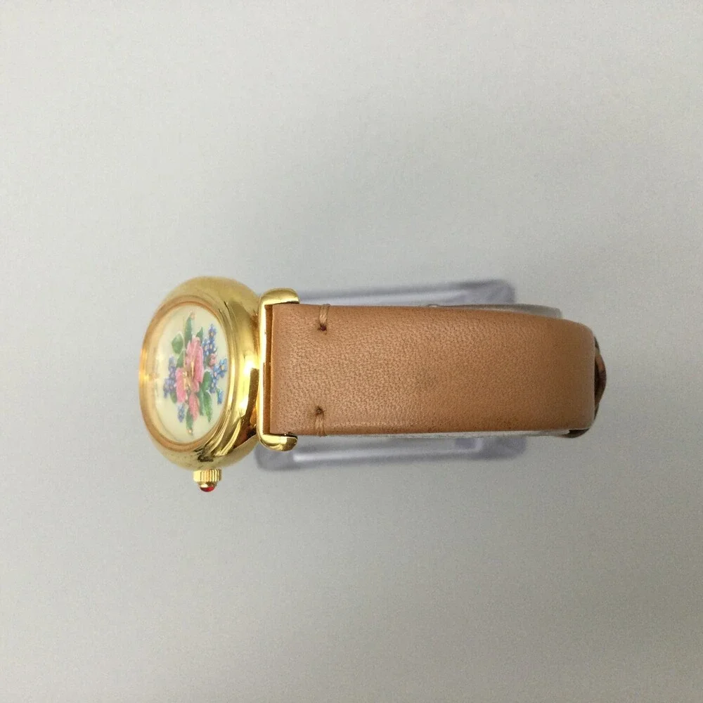 Avon Watch Women 24mm MOP Floral Dial Gold Tone Leather Band New Battery - Picture 4 of 15